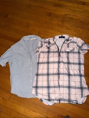 Pink Plaid Zip-Front Short Sleeve Top and Riders Slimming button Up size Large